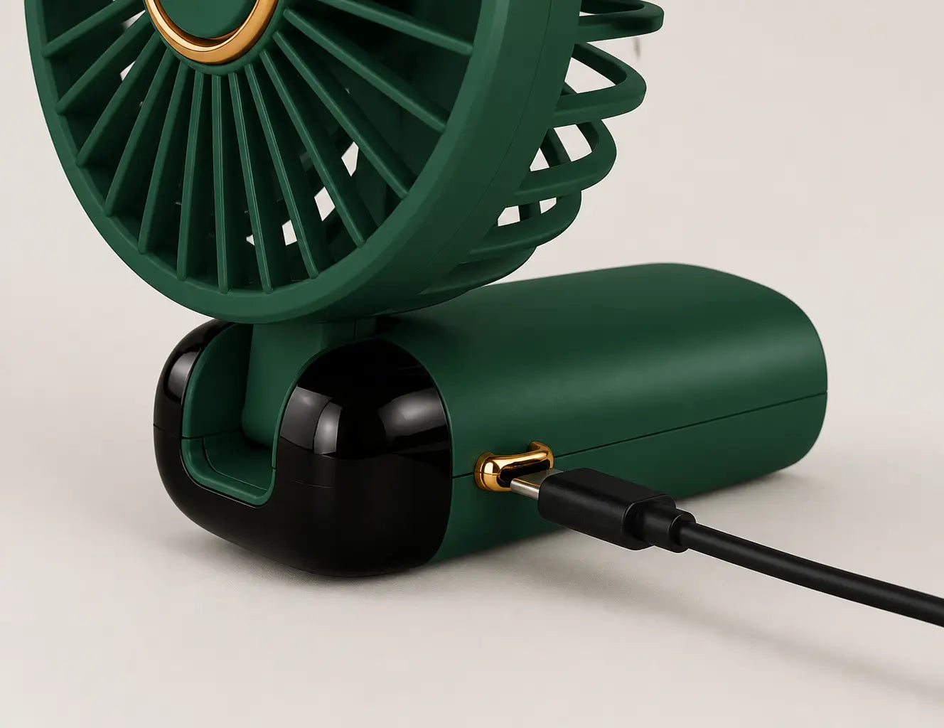 13:10 close‑up of the AirZen fan’s side, focusing on the USB‑C charging port and the folding hinge m
