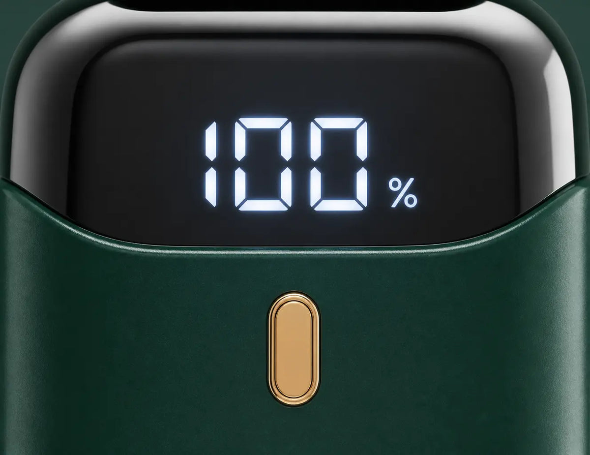 Macro photograph of the AirZen fan's LED display, showing '100%' battery, filling the 1.3:1 frame. T