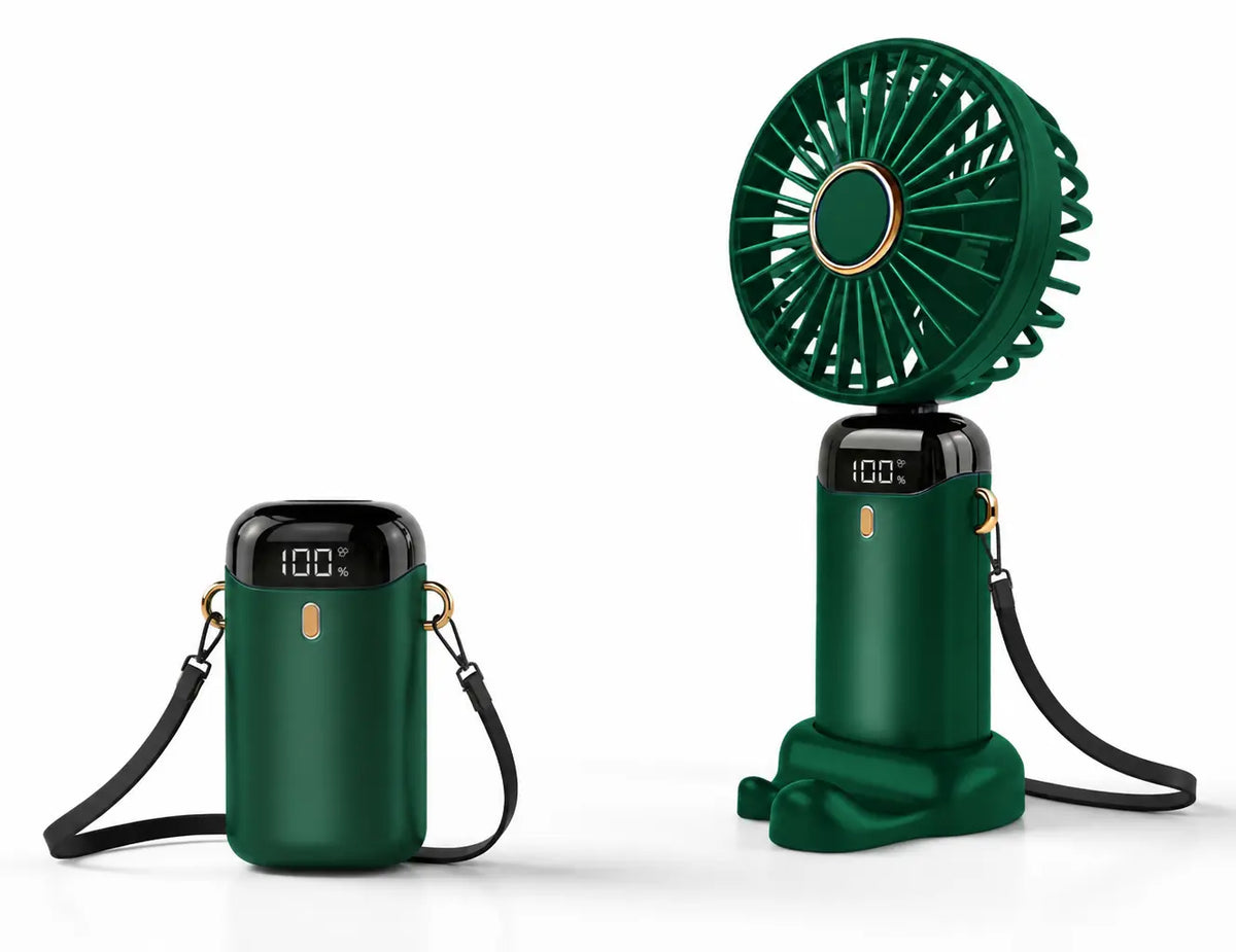 Product photograph showing the AirZen fan in its two folding states on a clean white surface, 1.3:1