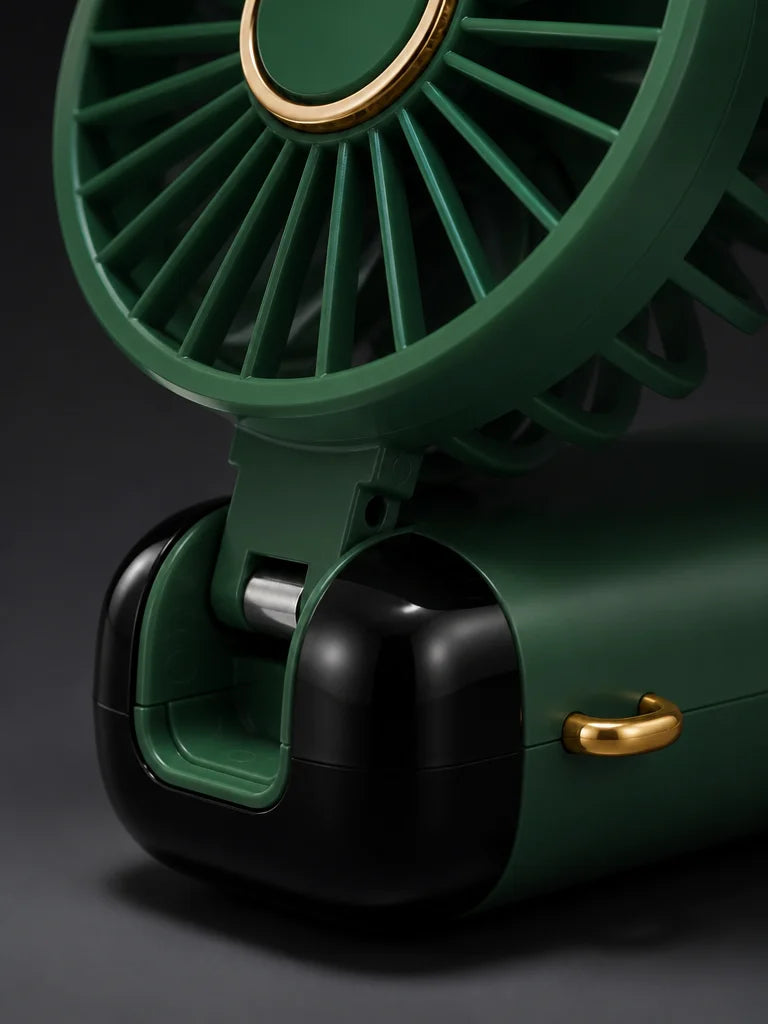 3:4 macro of the AirZen fan’s folding hinge, half‑open, revealing the metal mechanism and the smooth