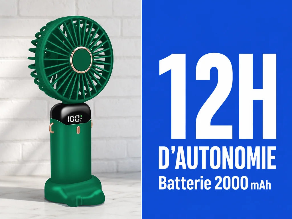 4:3 explicit product advertisement. Place the exact sourced AirZen portable fan, faithfully preservi