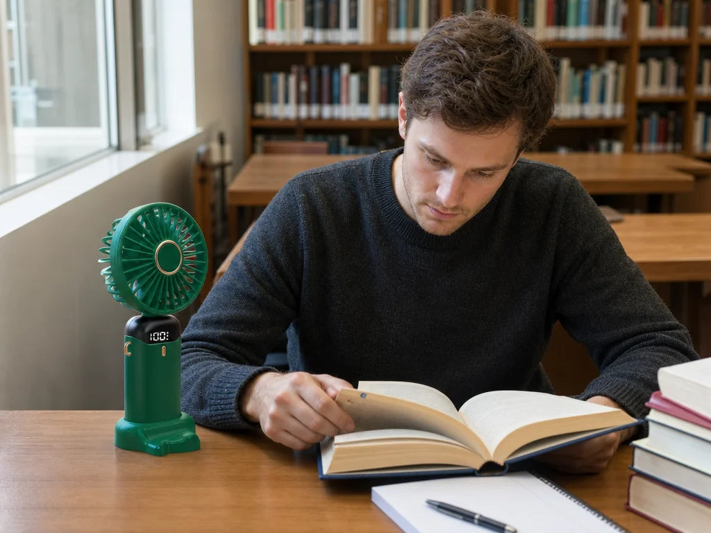 Portrait candid everyday‑use photograph of the AirZen fan in a quiet library corner. A man sits at a