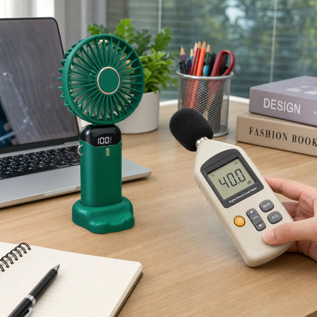 Square photorealistic product photograph demonstrating the ultra‑silent operation of the AirZen fan
