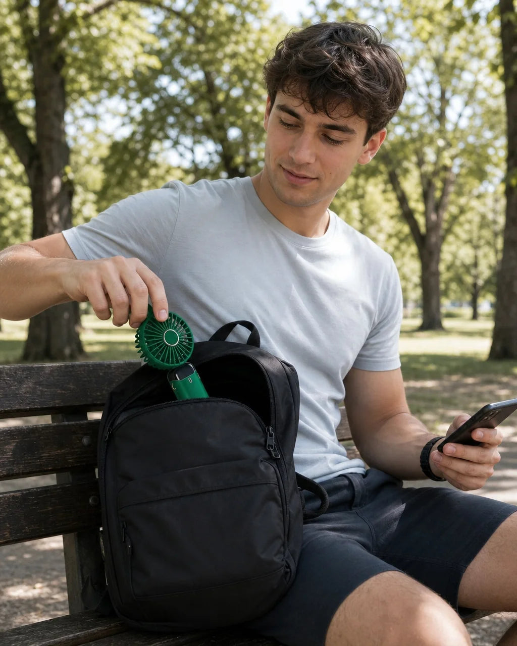 Portrait candid everyday‑use photograph of a young traveler sitting on a bench, pulling the AirZen f