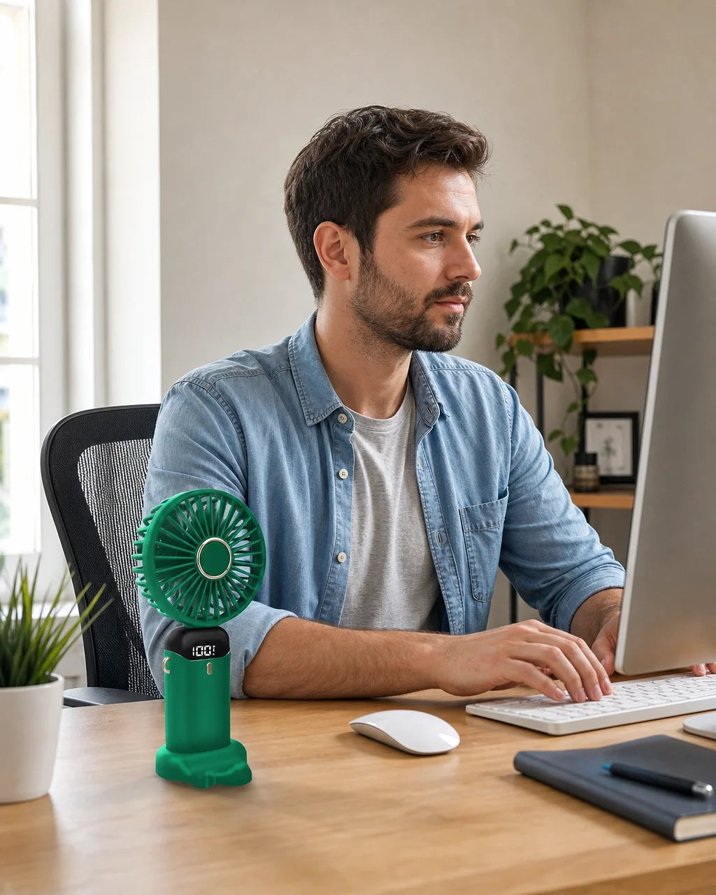 Portrait candid everyday‑use photograph of the AirZen fan on a modern desk in a quiet office. A man