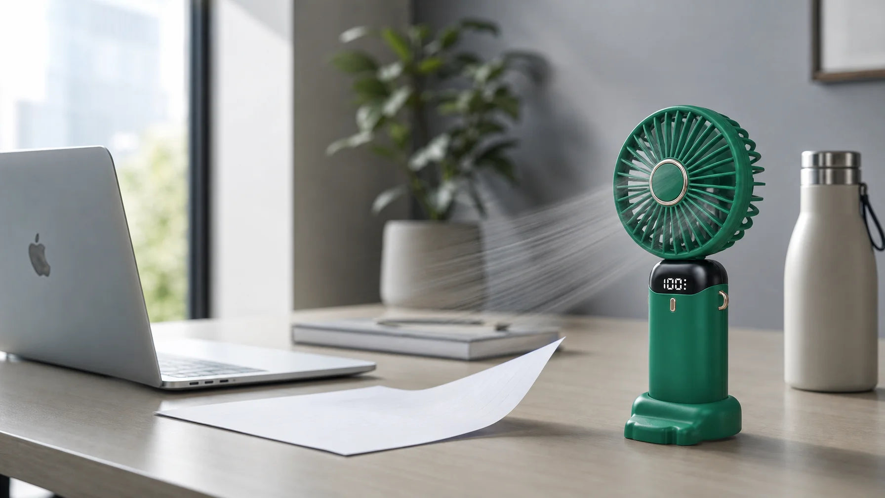 Wide 16:9 functional product hero built around the exact sourced AirZen portable fan. Place it on a