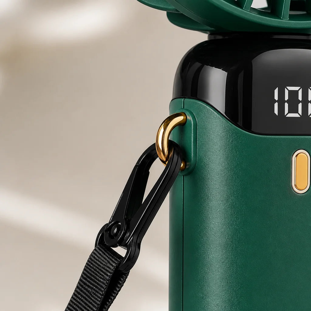 1:1 close‑up of the lanyard attachment point on the AirZen fan, showing the loop and the clip. The b