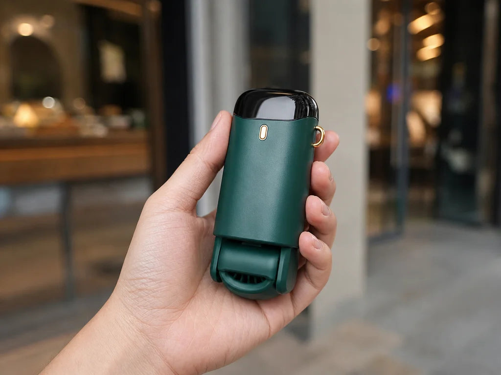 Tight candid hand‑to‑product interaction, 4:3. One hand holds the AirZen fan fully folded, presentin
