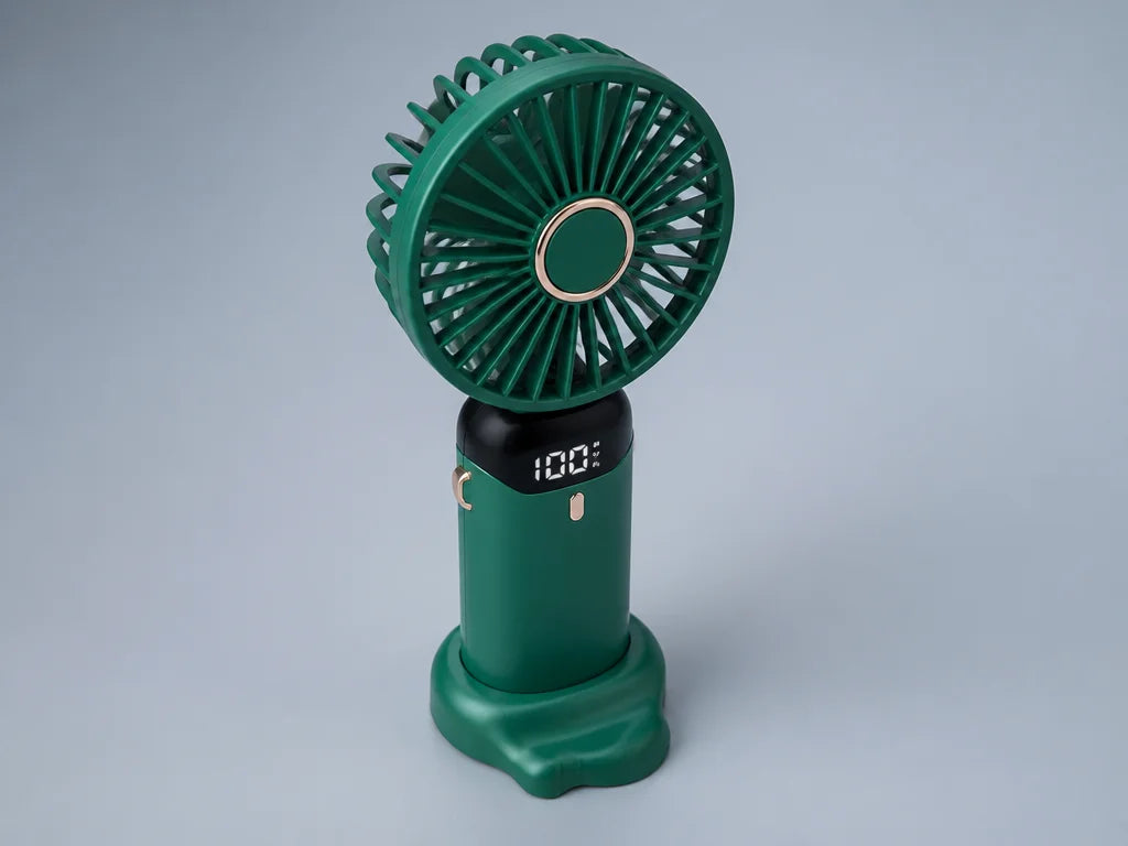 4:3 product photograph of the AirZen fan from a slight top‑down angle, focusing on the front grille