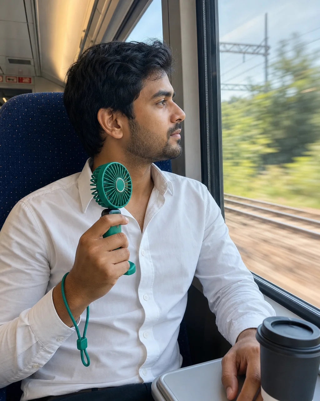 Portrait candid everyday-use photograph of the exact AirZen fan used during a train journey. A young