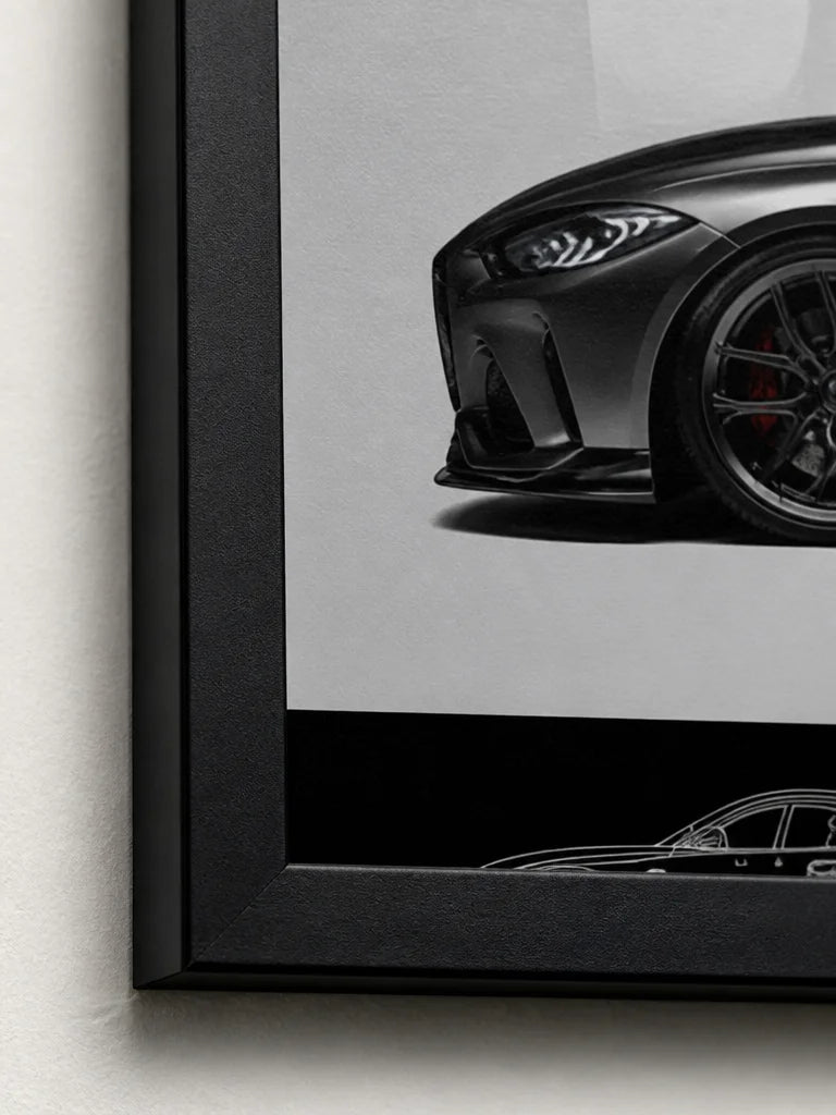 Portrait professional decor construction macro of one source-visible corner of the exact BMW M4 fram