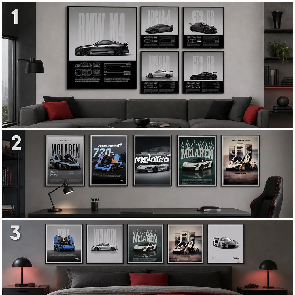 Square editorial three-panel contact sheet showing the same automotive decor collection in three cre