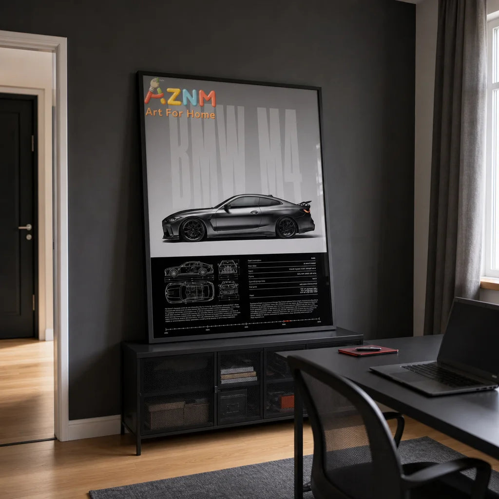 Square inhabited home-office interior photograph showing the exact supplied BMW M4 framed poster in