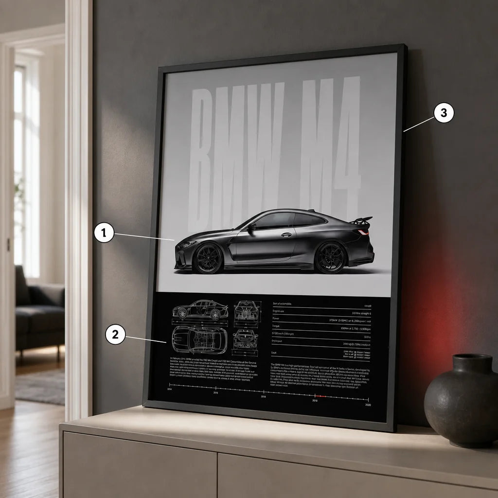 Square in-situ editorial photograph of the exact supplied BMW M4 framed poster leaning on a low cons