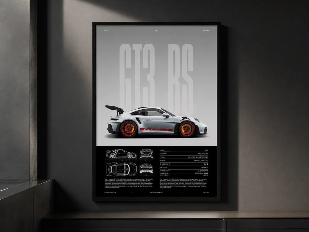 Portrait immersive premium product portrait of one exact sourced Porsche GT3 RS framed poster. Use t