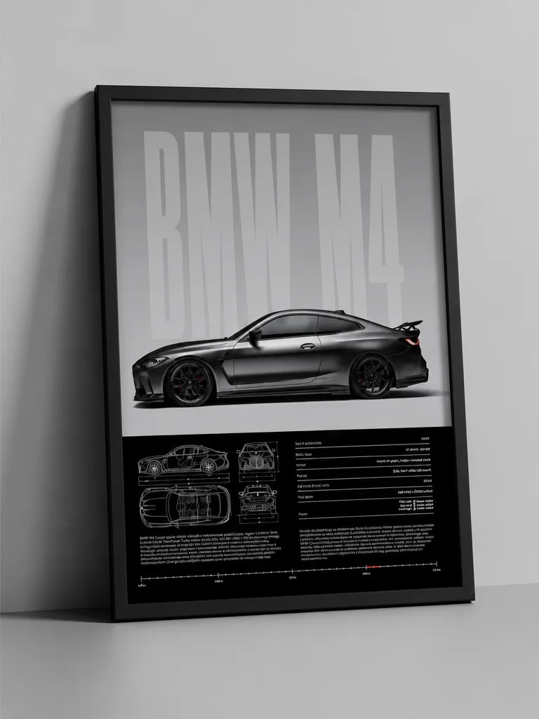 Minimal editorial product portrait sized for the 3:4 slot. Place the exact supplied BMW M4 framed po