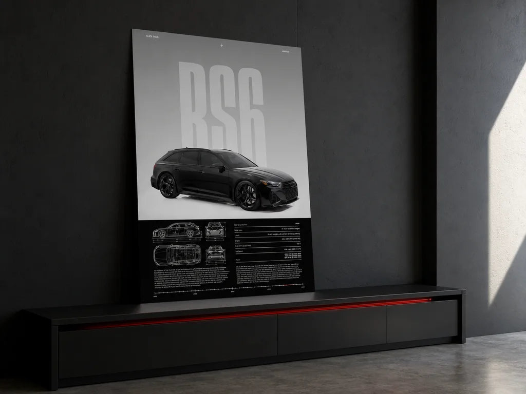 Wide 4:3 inhabited poster placement photograph. Place one exact Audi RS6 Avant poster, printed on a
