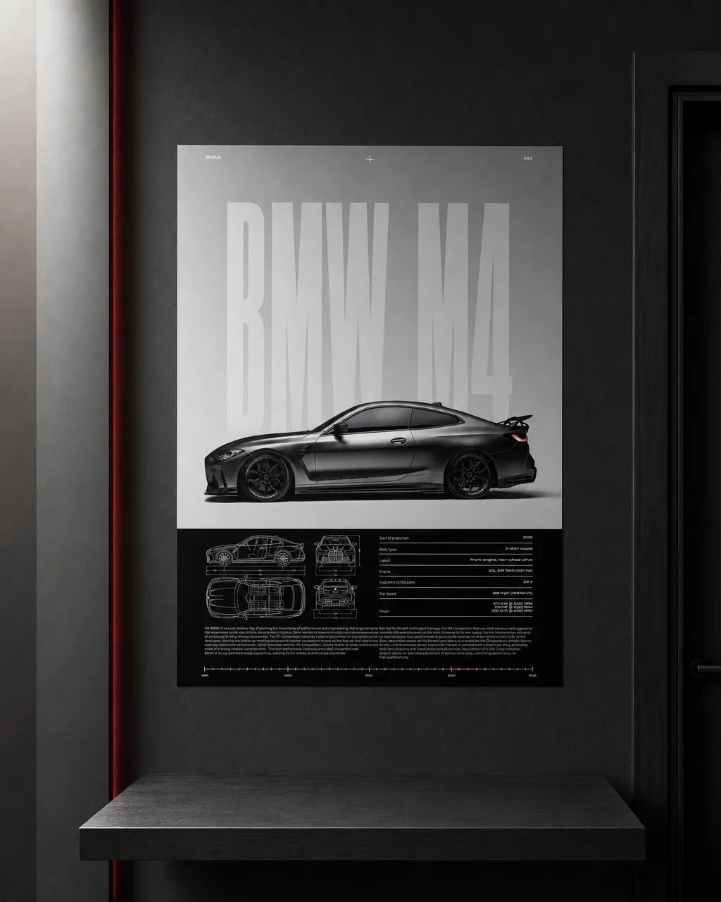 Portrait 4:5 format-context photograph for a small wall. Place one exact BMW M4 poster as an unframe