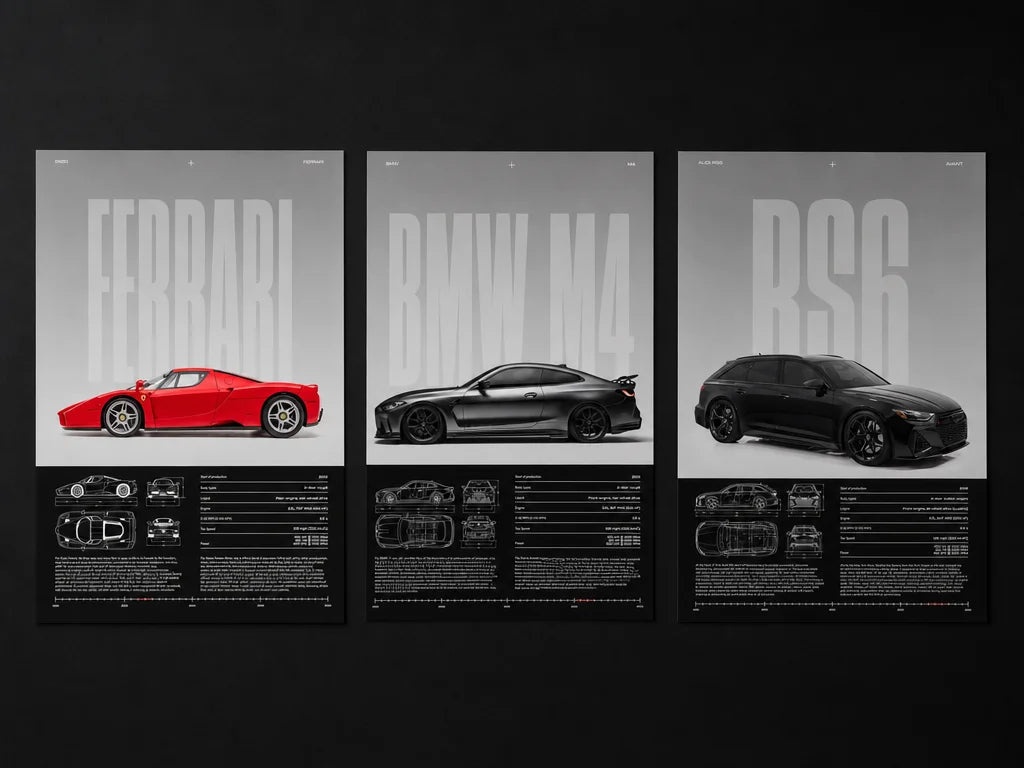 Wide 4:3 black studio range portrait showing three distinct unframed poster sheets as a curated visu