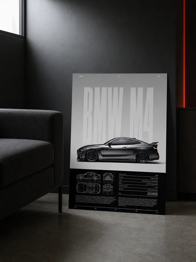 Portrait scale-reference photograph, 3:4 composition. Show one exact BMW M4 poster as an unframed sq