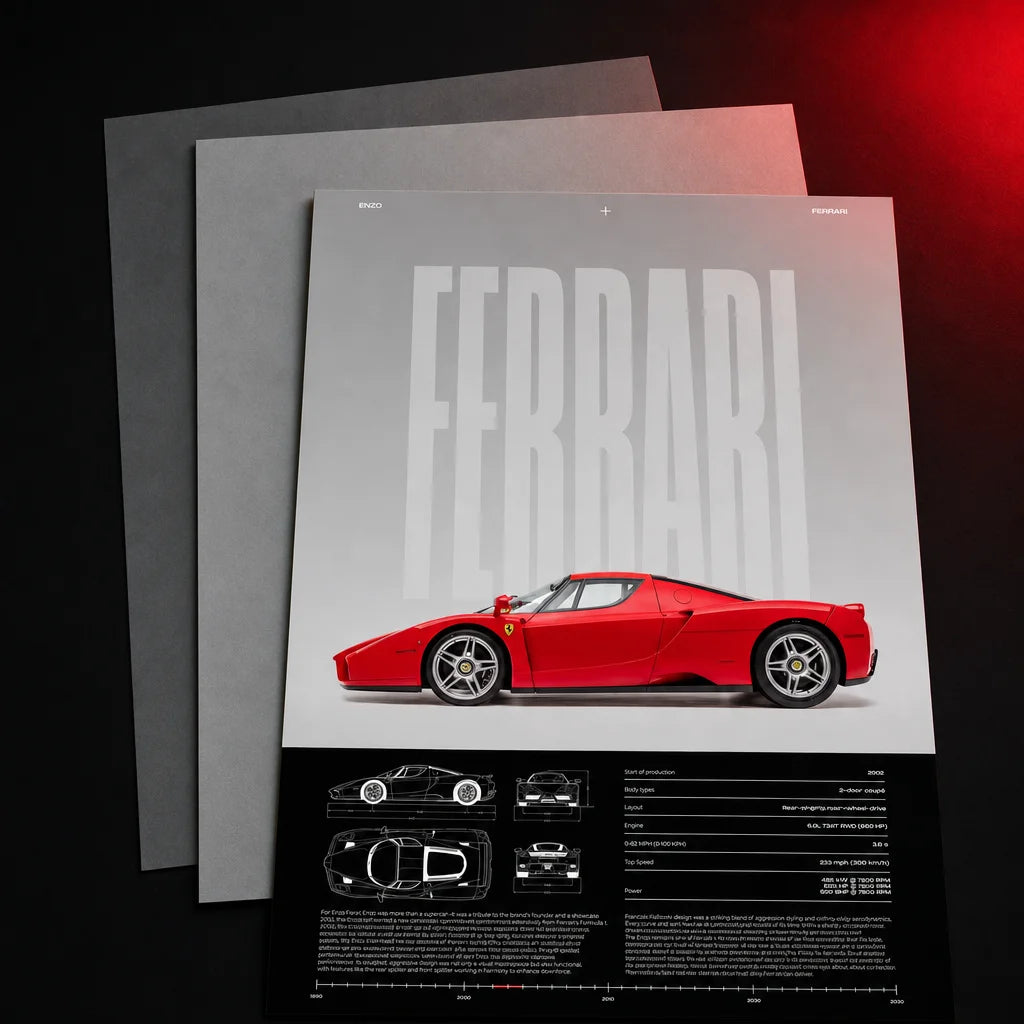 Square graphic product-selection still life for an independent supercar poster collection. Place the