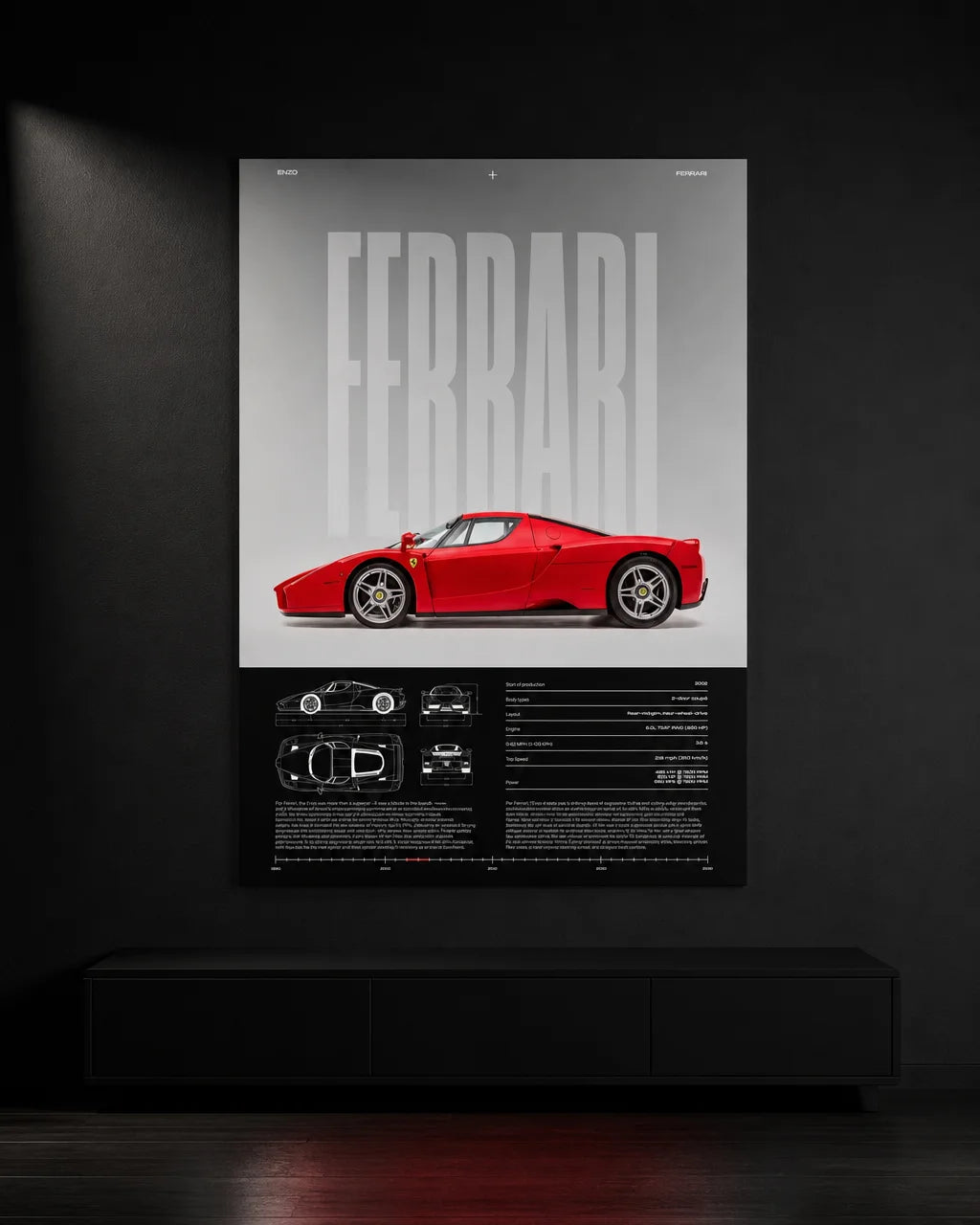 Portrait 4:5 point-of-focus interior photograph. Make one exact Ferrari Enzo poster the dominant unf