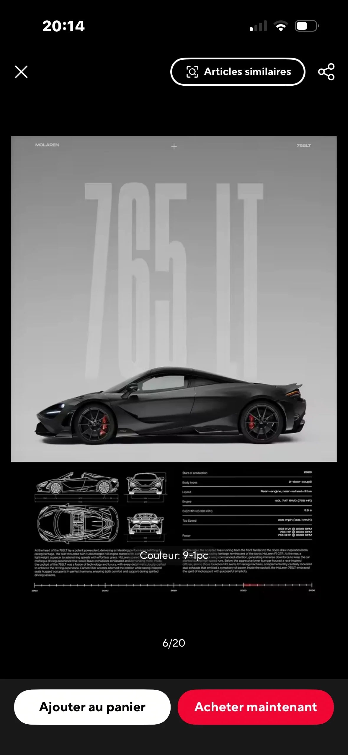 Poster McLaren 765LT encadré avec schéma technique