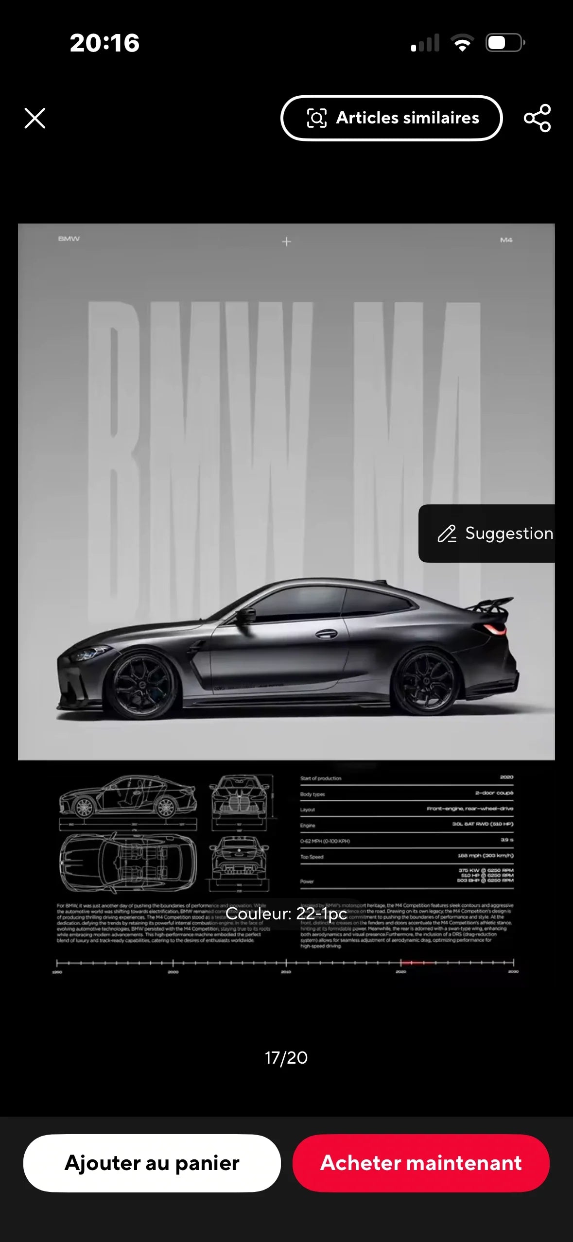 Vue latérale du poster BMW M4 encadré avec schéma technique
