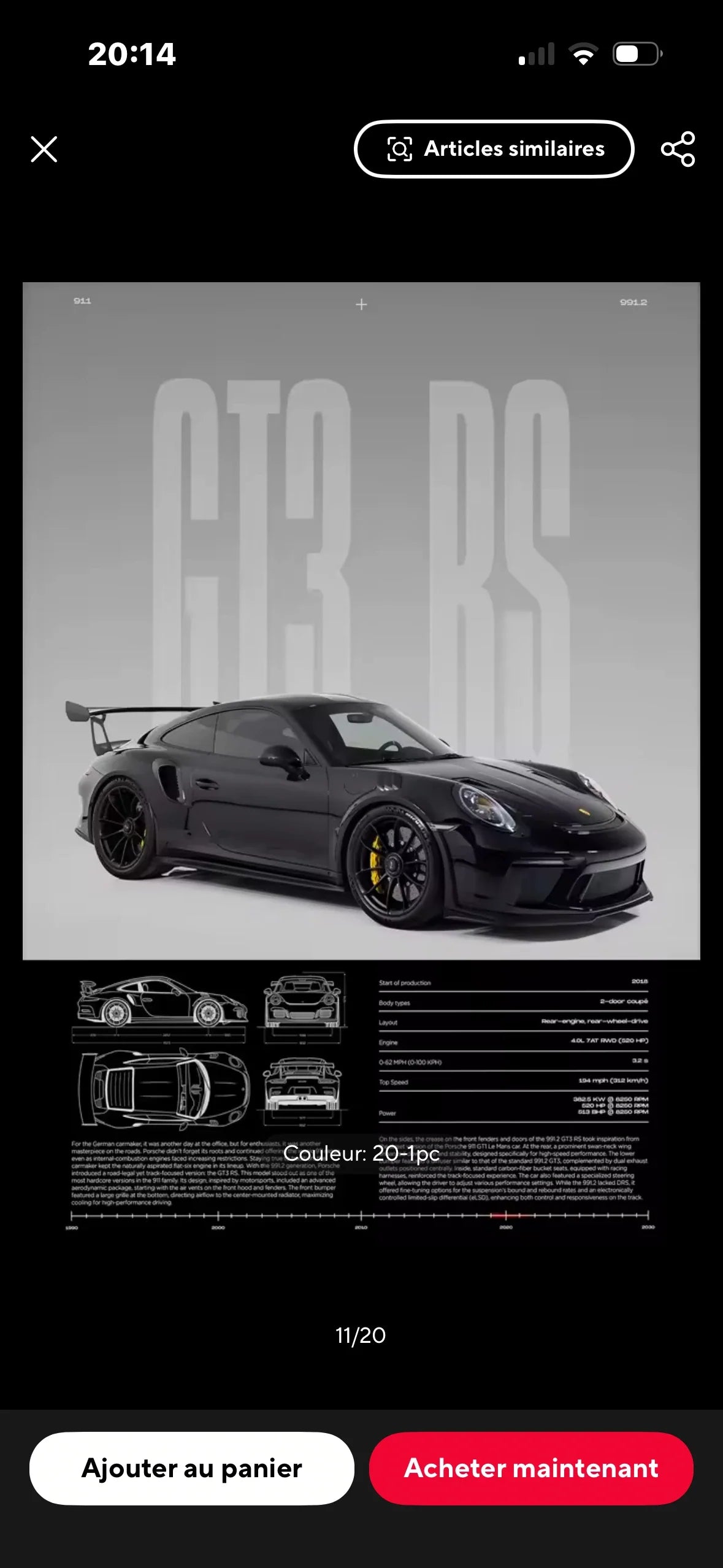 Poster Porsche 911 GT3 RS noir vu de face avec schéma technique