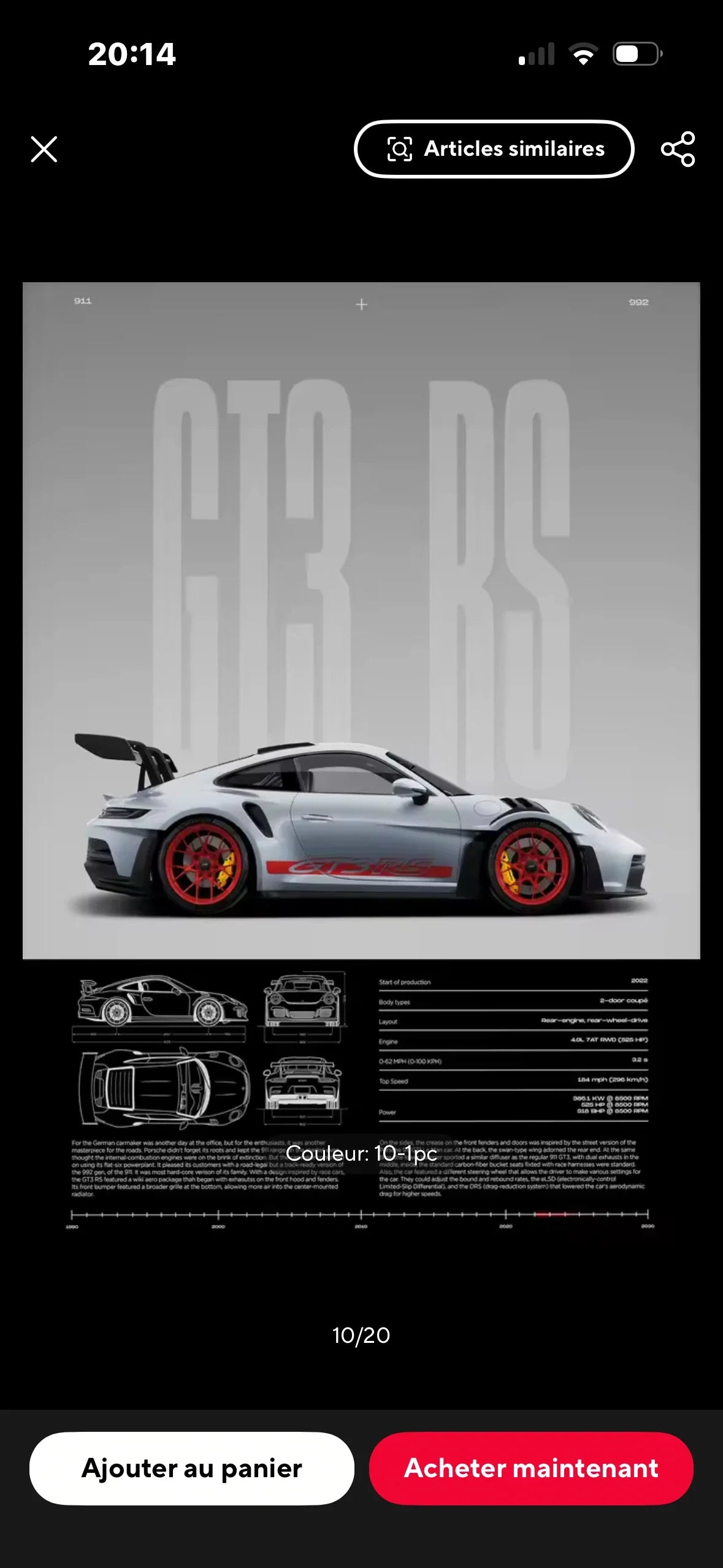 Poster Porsche 911 GT3 RS blanc encadré avec schéma technique