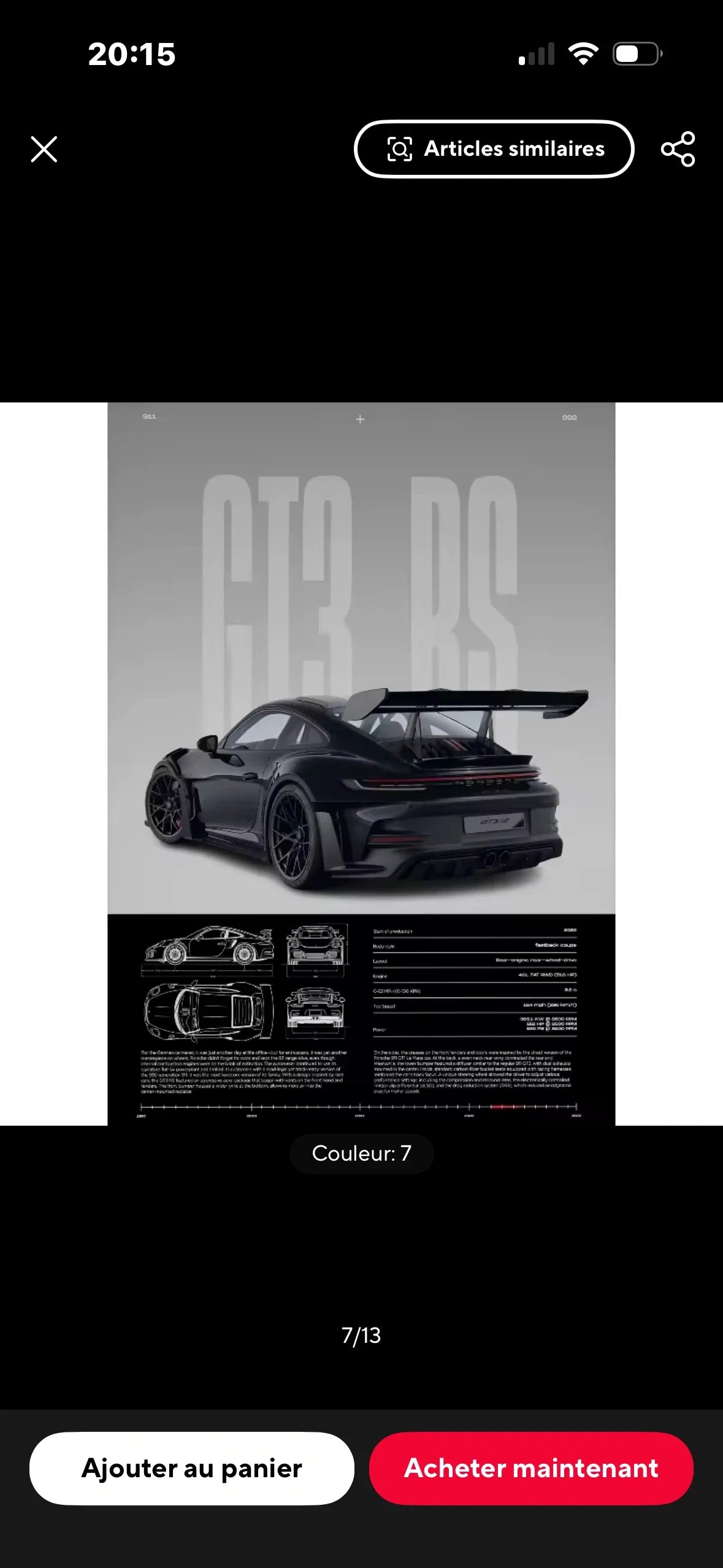 Poster Porsche 911 GT3 RS noir encadré avec schéma technique